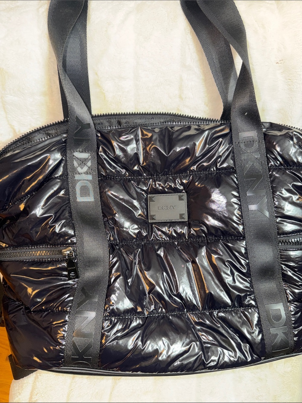 DKNY Black Shiny Quilted Puffer Tote